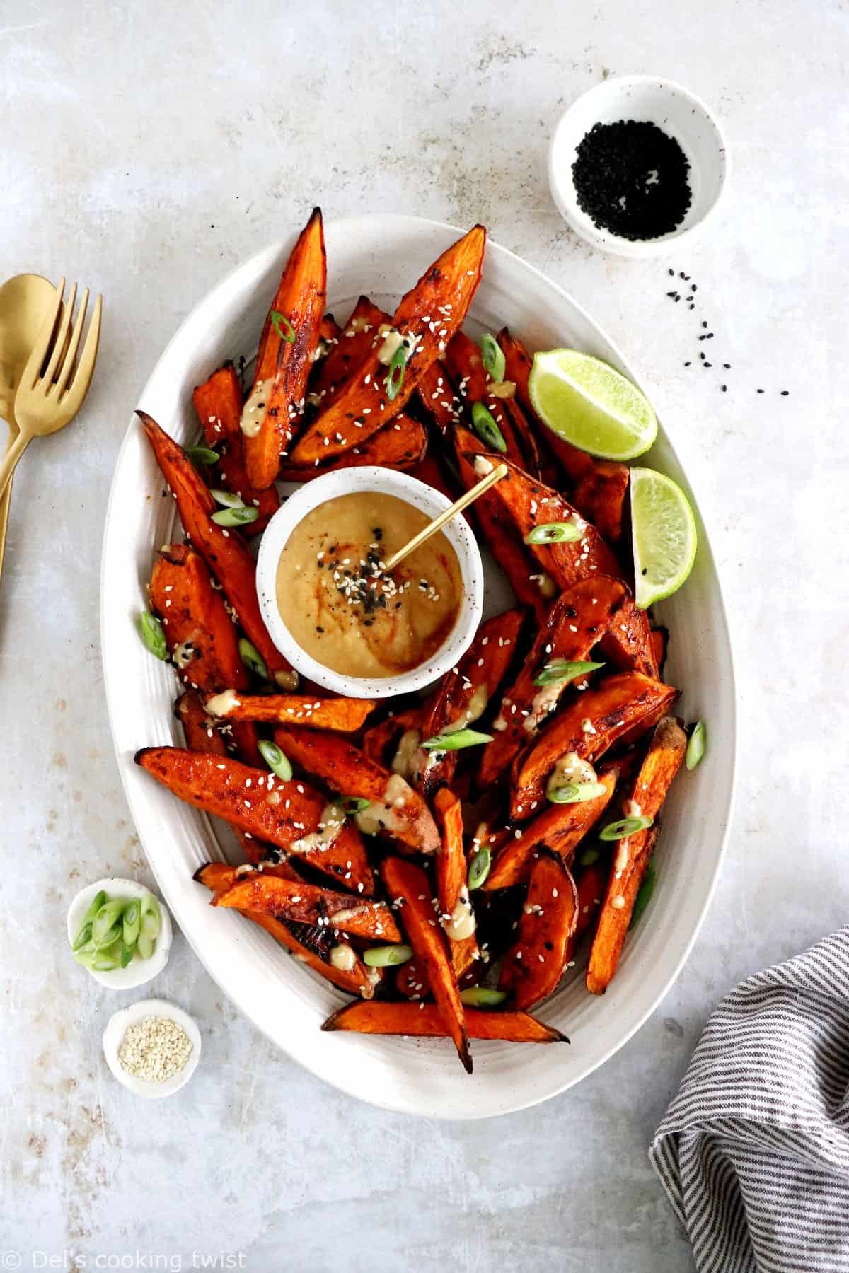 These miso roasted sweet potatoes are super crispy, spicy, sweet, and served with an incredible Japanese-inspired miso sauce, loaded with umami flavors.