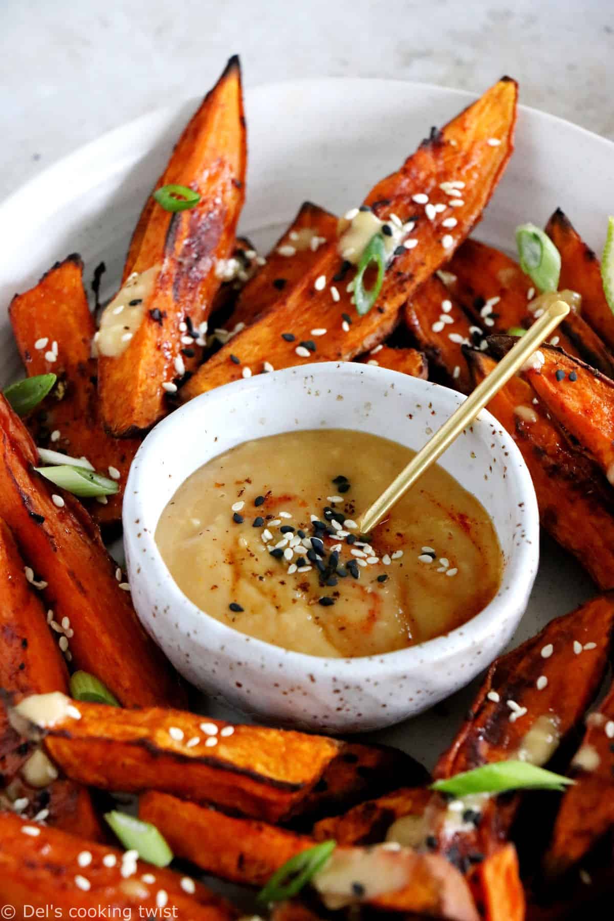 These miso roasted sweet potatoes are super crispy, spicy, sweet, and served with an incredible Japanese-inspired miso sauce, loaded with umami flavors.