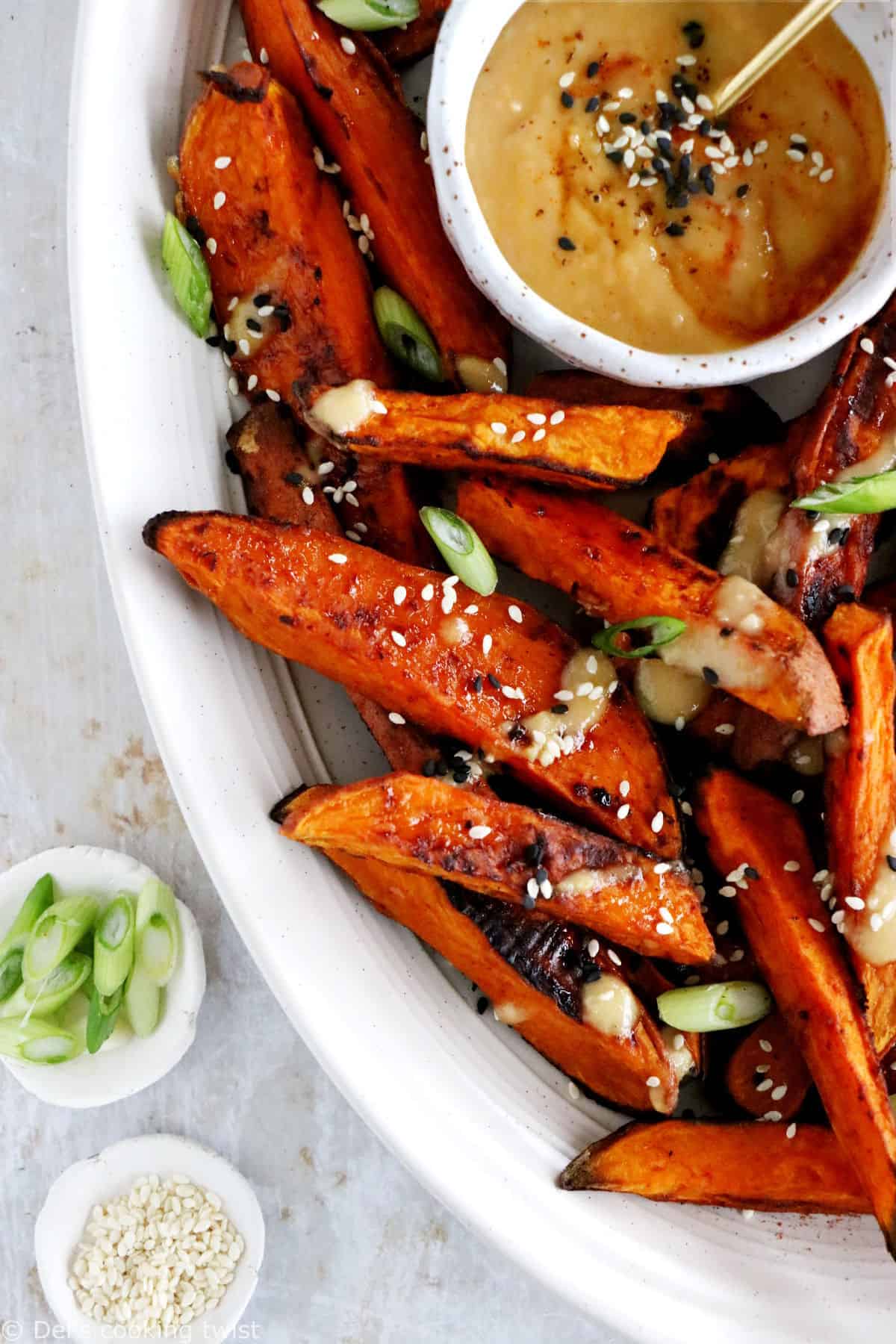 These miso roasted sweet potatoes are super crispy, spicy, sweet, and served with an incredible Japanese-inspired miso sauce, loaded with umami flavors.