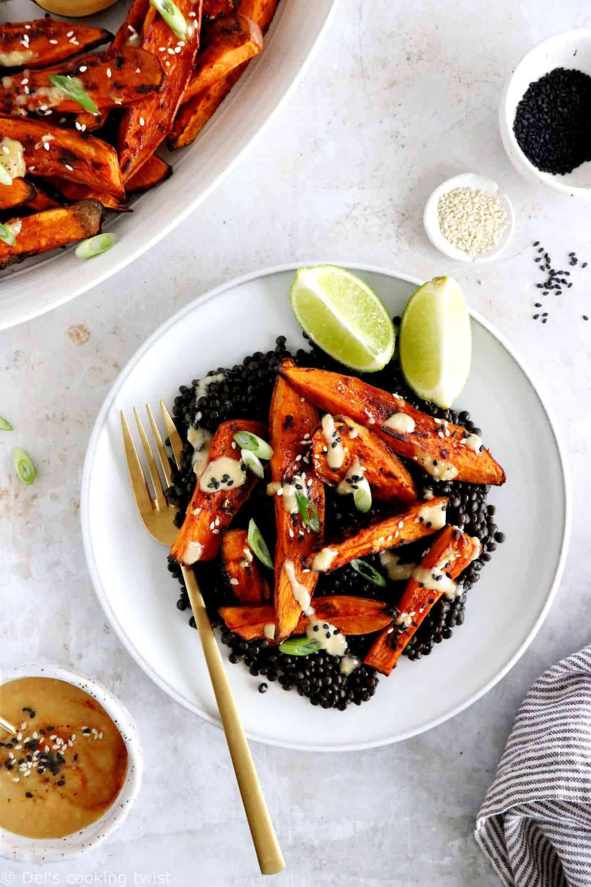 These miso roasted sweet potatoes are super crispy, spicy, sweet, and served with an incredible Japanese-inspired miso sauce, loaded with umami flavors.