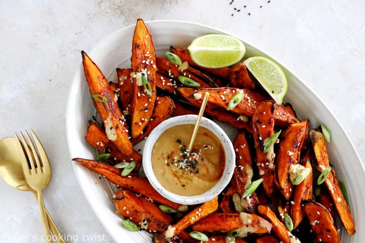 These miso roasted sweet potatoes are super crispy, spicy, sweet, and served with an incredible Japanese-inspired miso sauce, loaded with umami flavors.