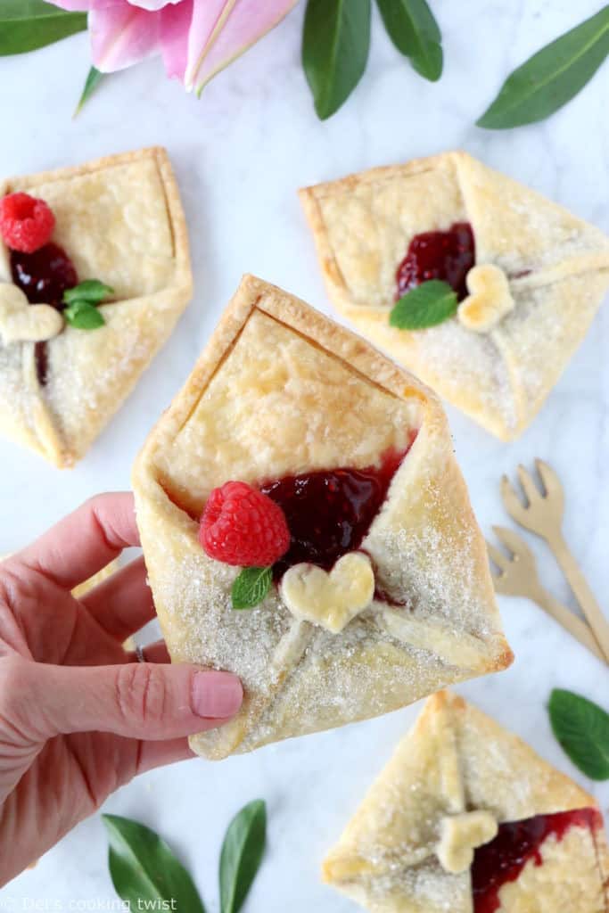 These adorable raspberry pie pastry envelopes are mini pies folded like an envelope, and filled with a delicious raspberry jam.