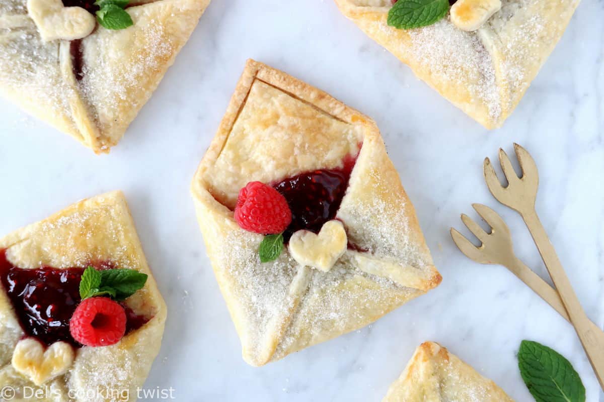 These adorable raspberry pie pastry envelopes are mini pies folded like an envelope, and filled with a delicious raspberry jam.