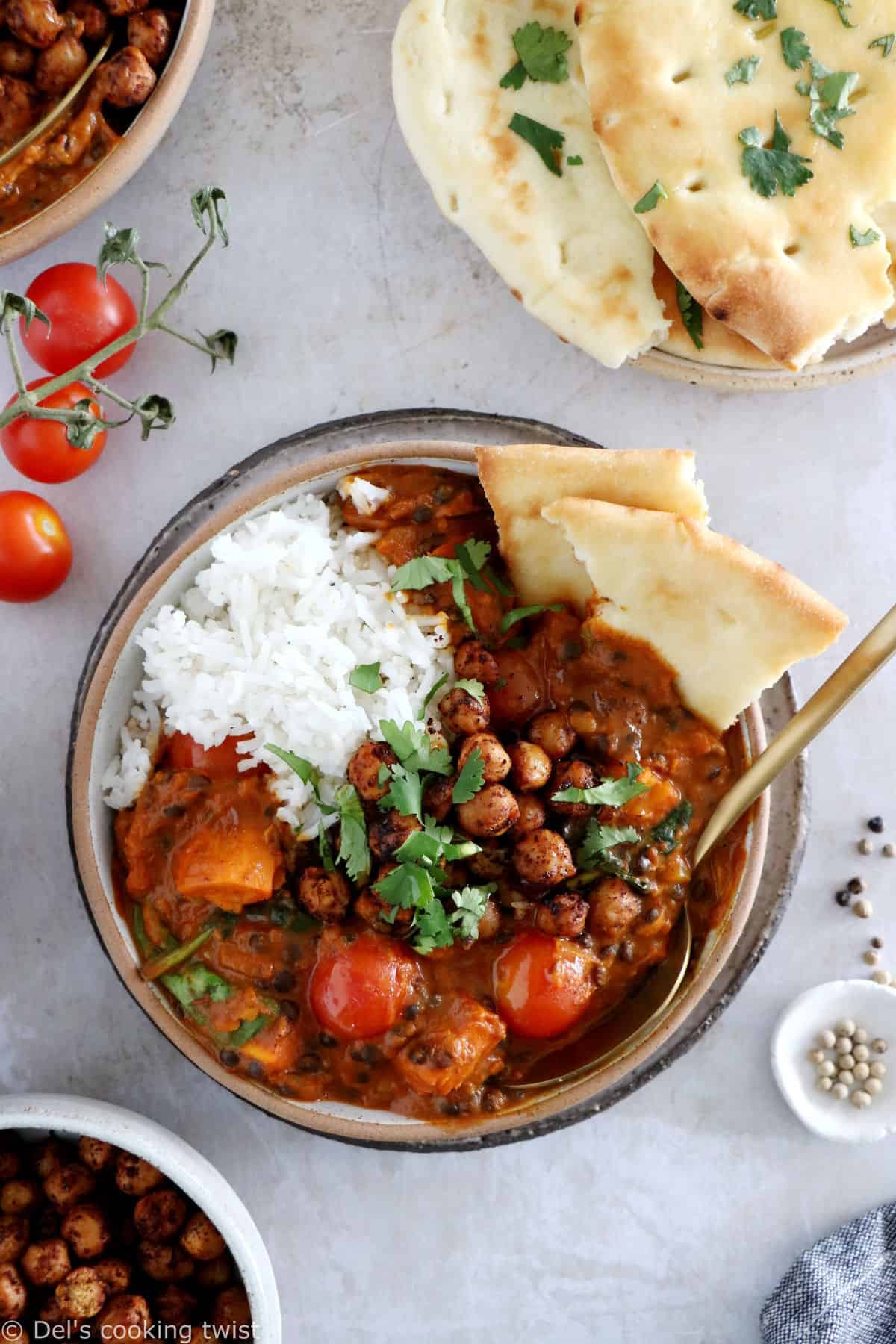 This lentil, chickpea and sweet potato curry is vegan, gluten-free, and a makes a great healthy weeknight meal.