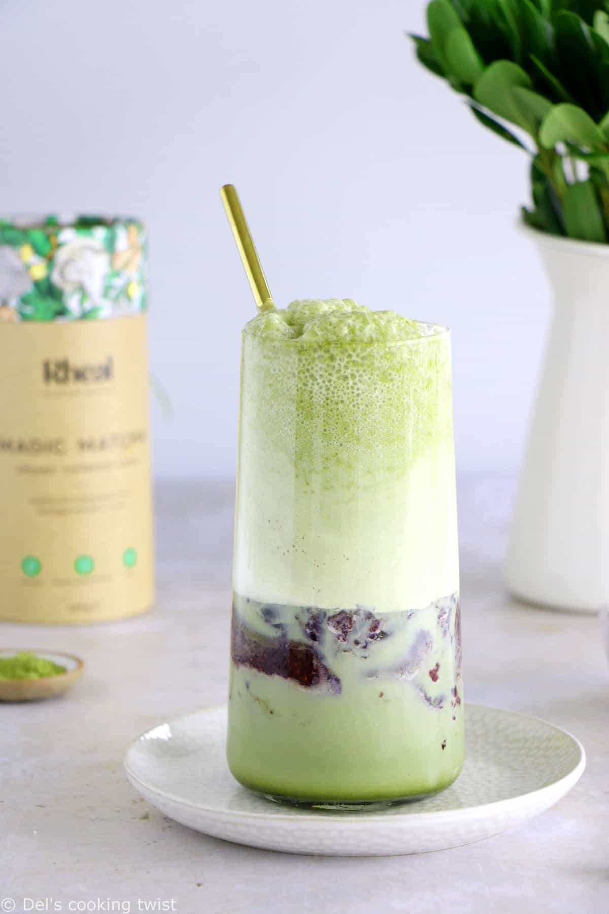 Matcha frappuccino is easy to make in a blender in just a few seconds. This frozen green tea latte is sweet and delicious, and even comes with a blueberry swirl bottom.