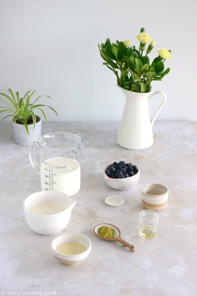 Matcha frappuccino is easy to make in a blender in just a few seconds. This frozen green tea latte is sweet and delicious, and even comes with a blueberry swirl bottom.