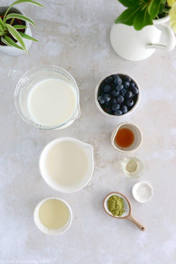 Matcha frappuccino is easy to make in a blender in just a few seconds. This frozen green tea latte is sweet and delicious, and even comes with a blueberry swirl bottom.