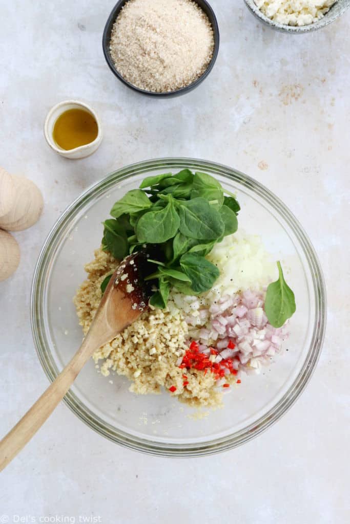 Spinach and feta quinoa patties are vegetarian, nutritious, and a great meatless option everyone loves. Serve with the lemon yogurt dip!