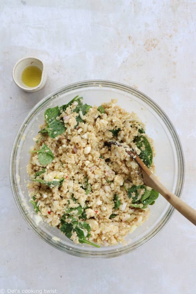 Spinach and feta quinoa patties are vegetarian, nutritious, and a great meatless option everyone loves. Serve with the lemon yogurt dip!