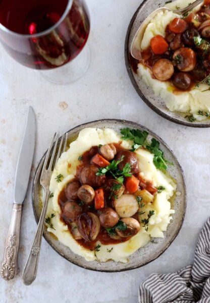 This rich and saucy mushroom bourguignon is a wonderful vegetarian stew, loaded with comforting and hearty flavors.