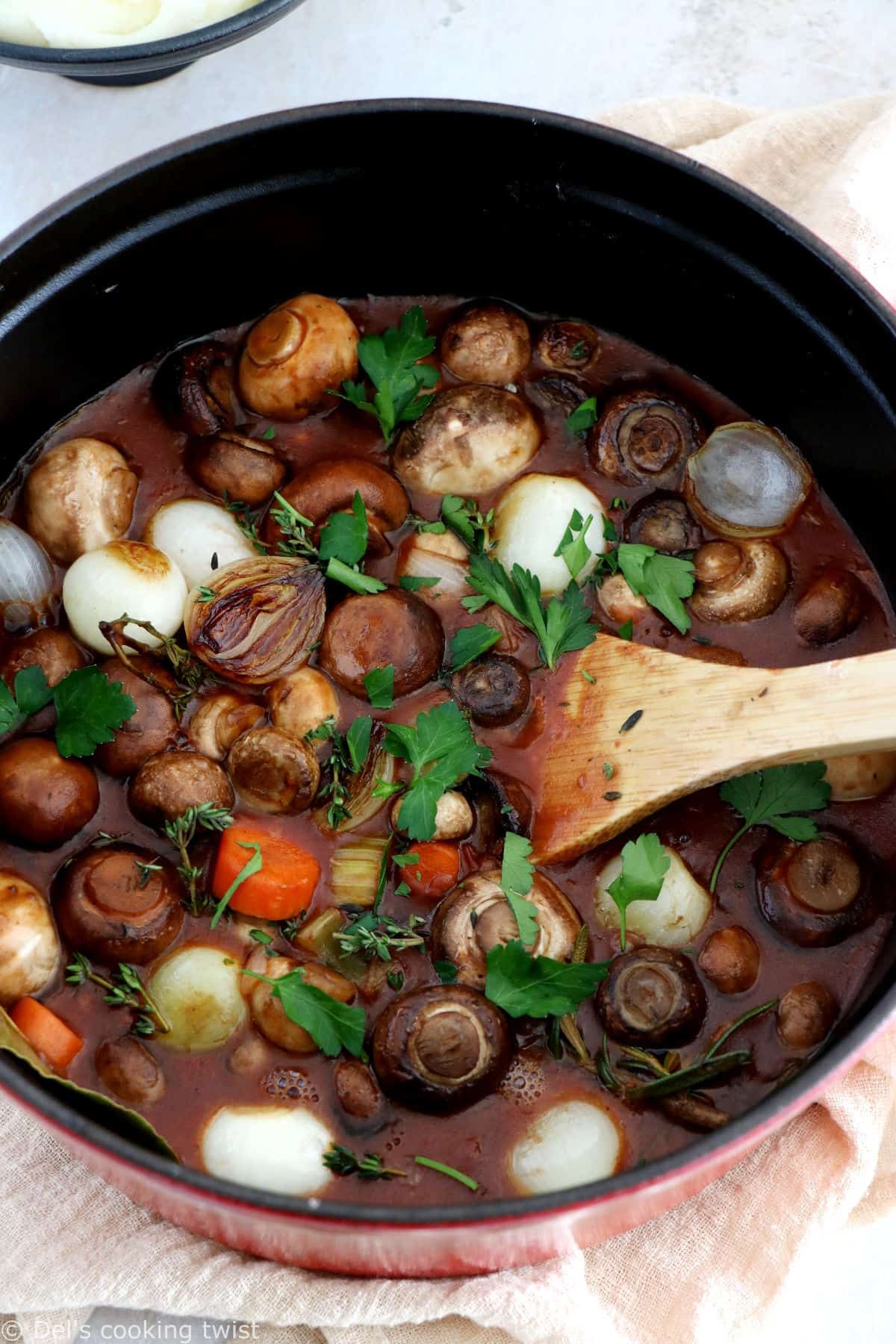 This rich and saucy mushroom bourguignon is a wonderful vegetarian stew, loaded with comforting and hearty flavors.