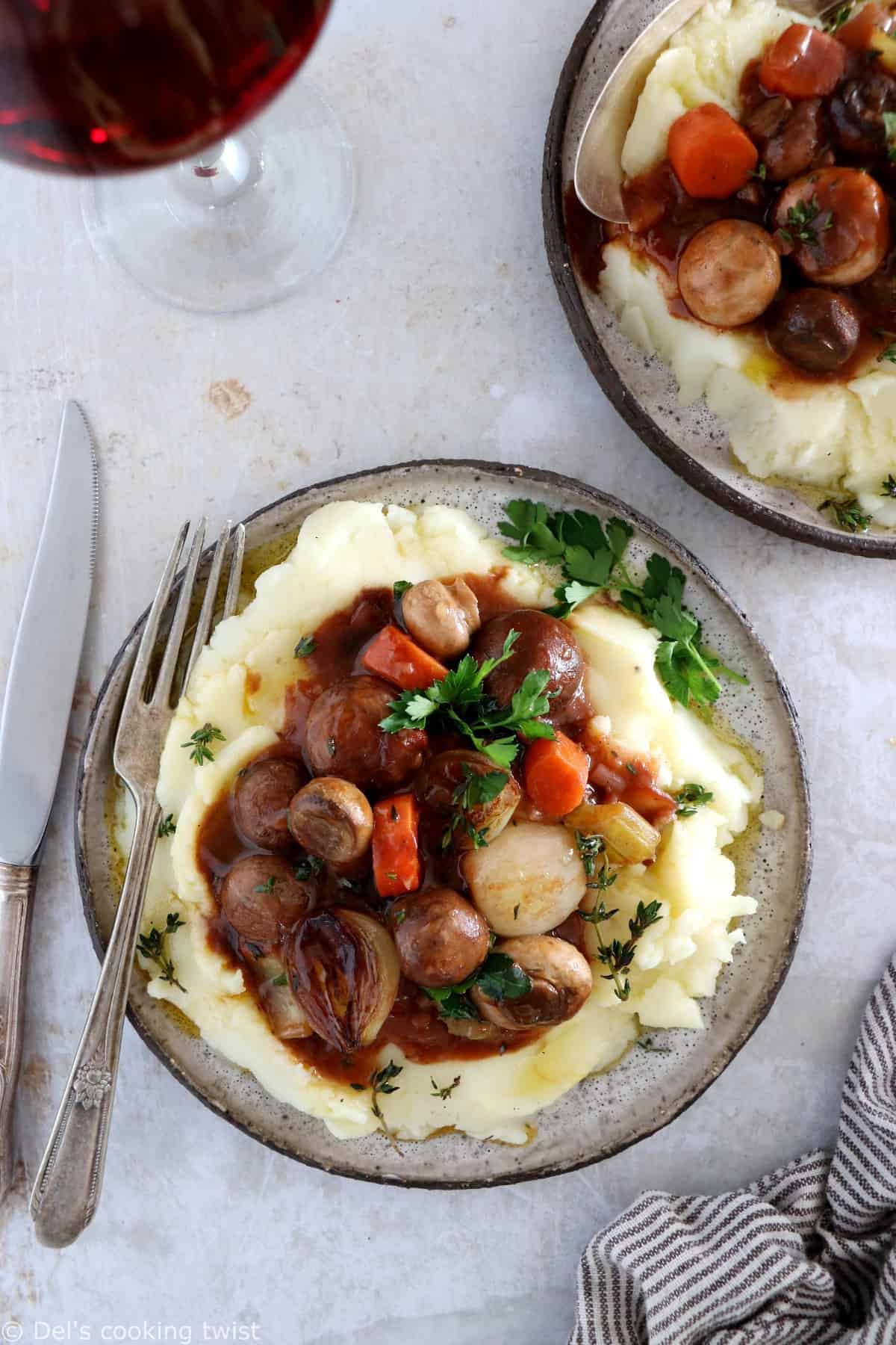 This rich and saucy mushroom bourguignon is a wonderful vegetarian stew, loaded with comforting and hearty flavors.