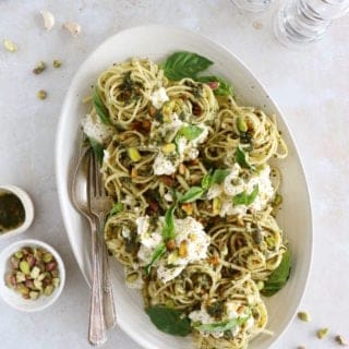 These pistachio pesto pasta with burrata cheese make a simple yet audacious weeknight meal.