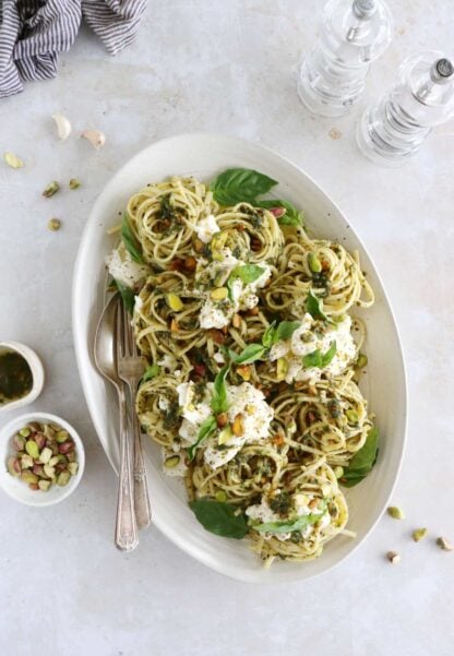 These pistachio pesto pasta with burrata cheese make a simple yet audacious weeknight meal.