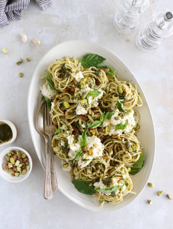 These pistachio pesto pasta with burrata cheese make a simple yet audacious weeknight meal.