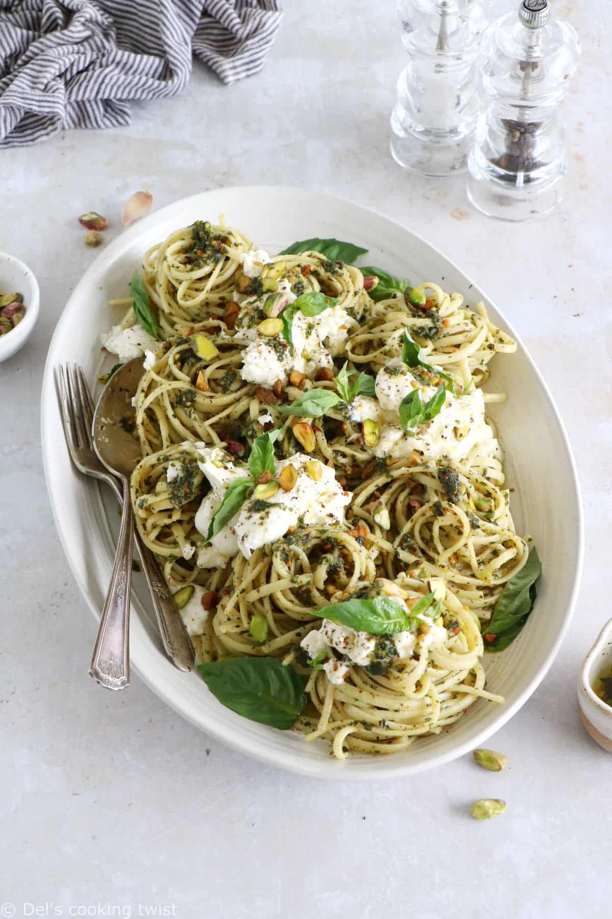 These pistachio pesto pasta with burrata cheese make a simple yet audacious weeknight meal.