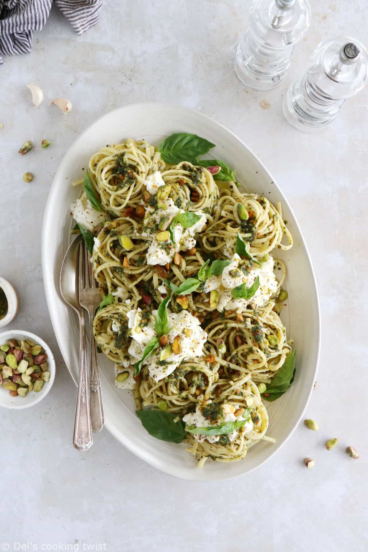 These pistachio pesto pasta with burrata cheese make a simple yet audacious weeknight meal.