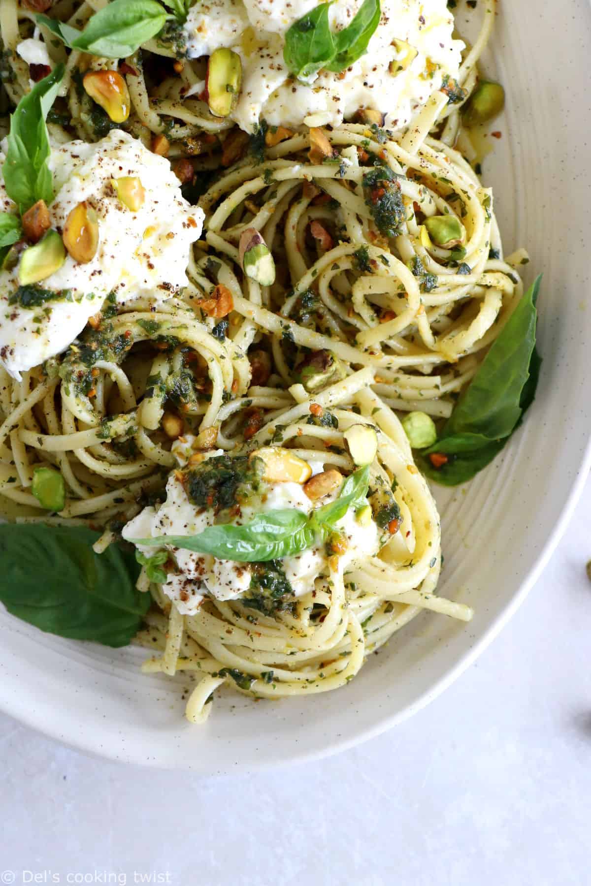 These pistachio pesto pasta with burrata cheese make a simple yet audacious weeknight meal.