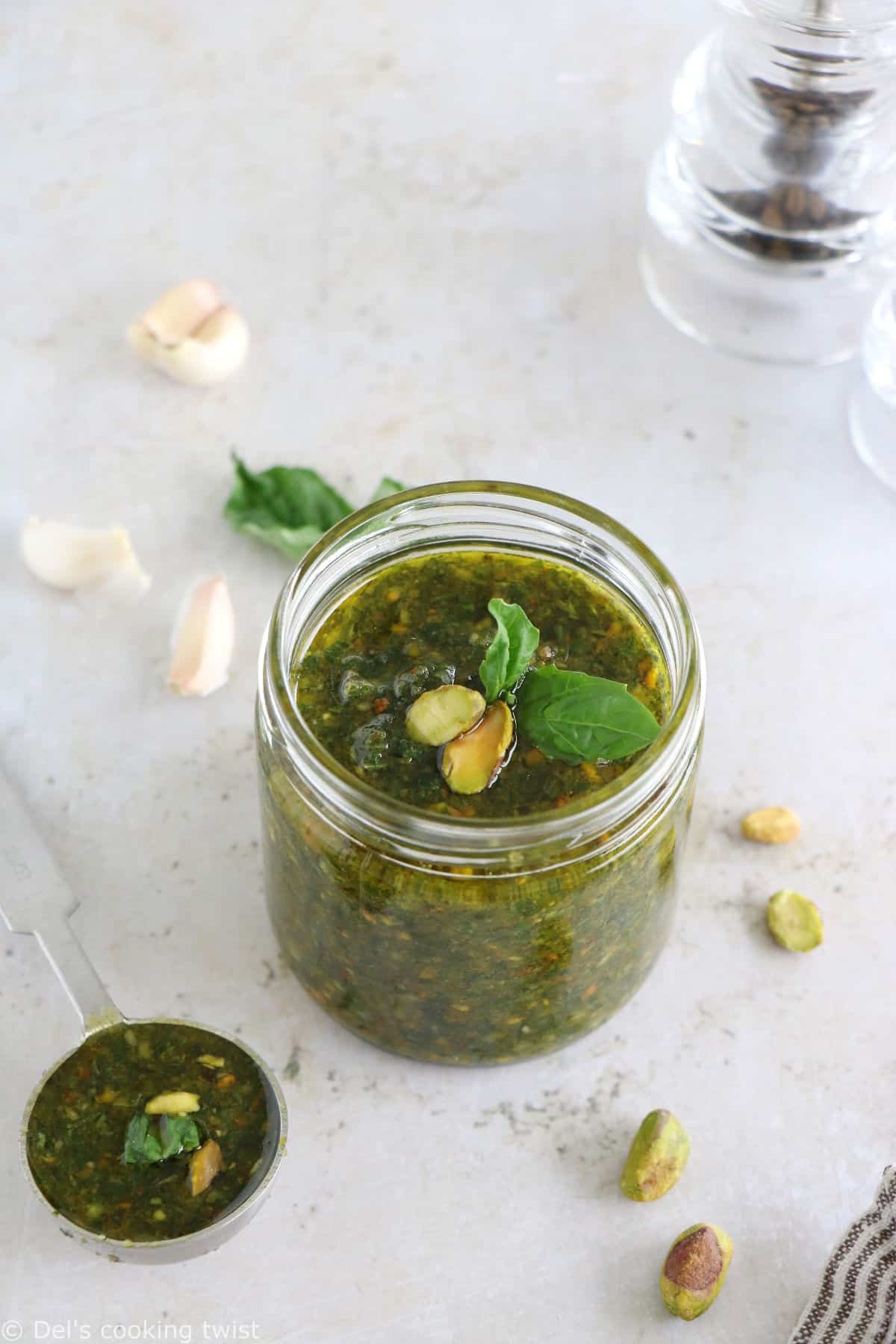 This 5-minute pistachio pesto is a great alternative to your classic basil pesto with pine nuts.