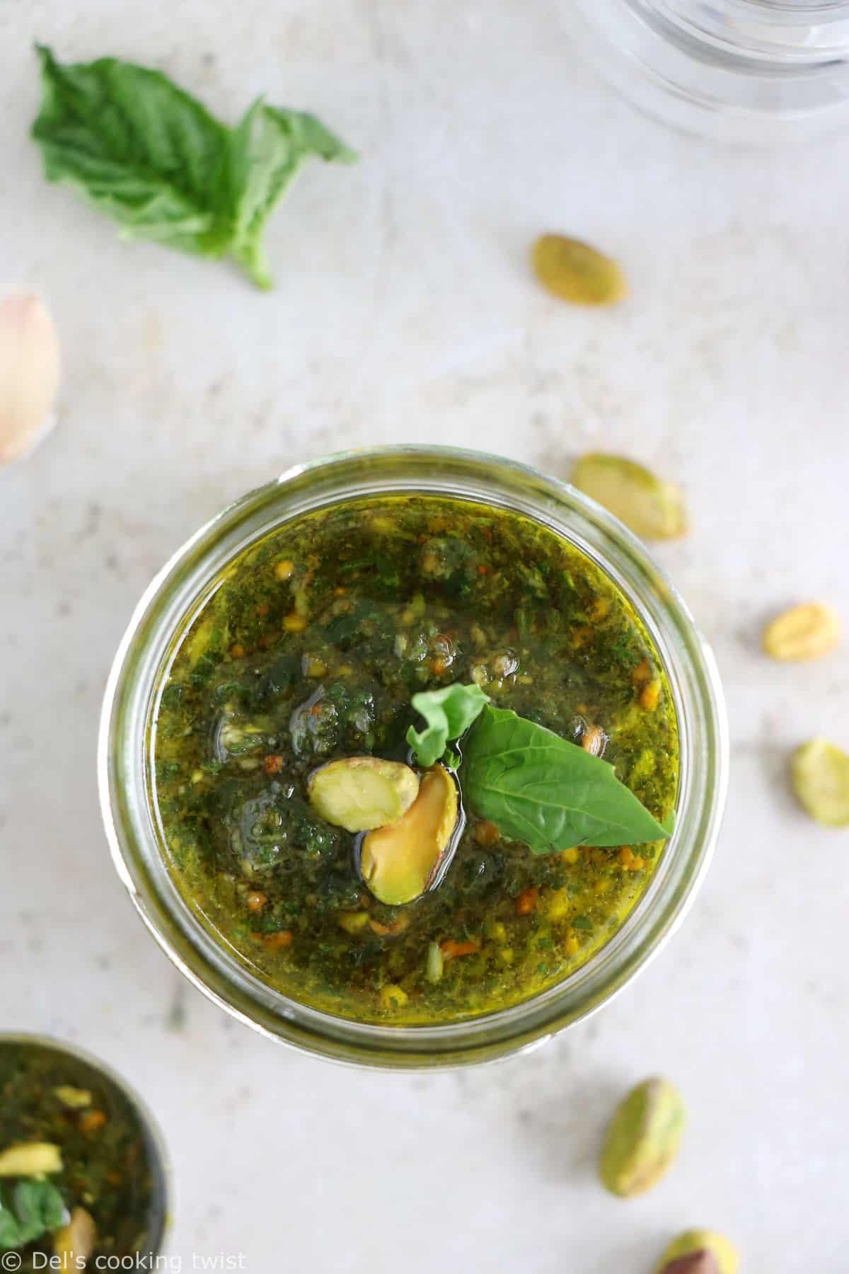 This 5-minute pistachio pesto is a great alternative to your classic basil pesto with pine nuts.