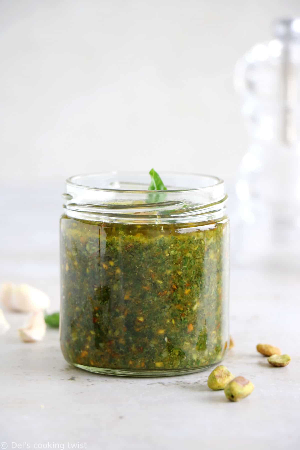 This 5-minute pistachio pesto is a great alternative to your classic basil pesto with pine nuts.