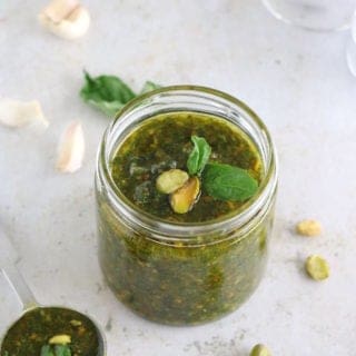 This 5-minute pistachio pesto is a great alternative to your classic basil pesto with pine nuts.