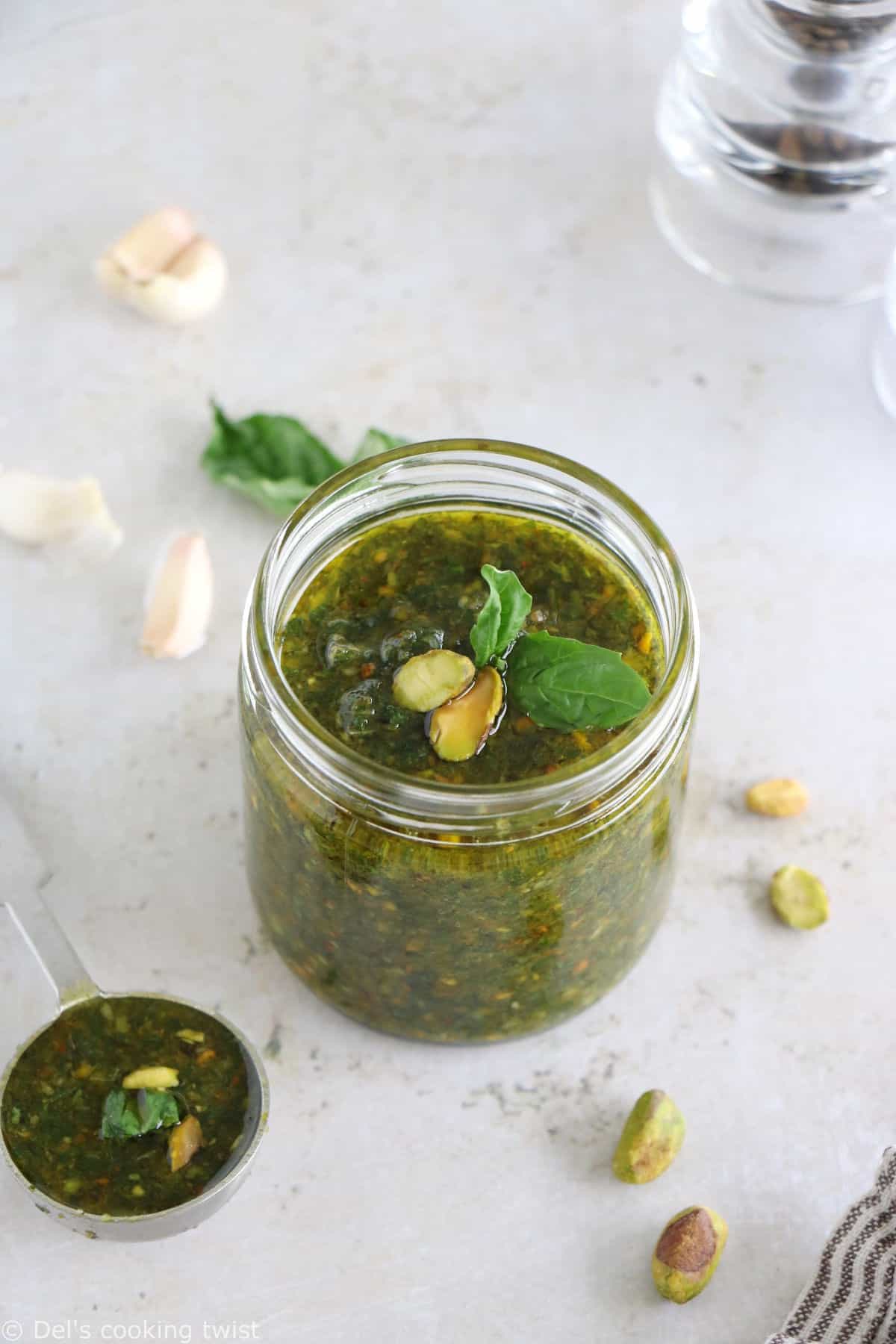 This 5-minute pistachio pesto is a great alternative to your classic basil pesto with pine nuts.