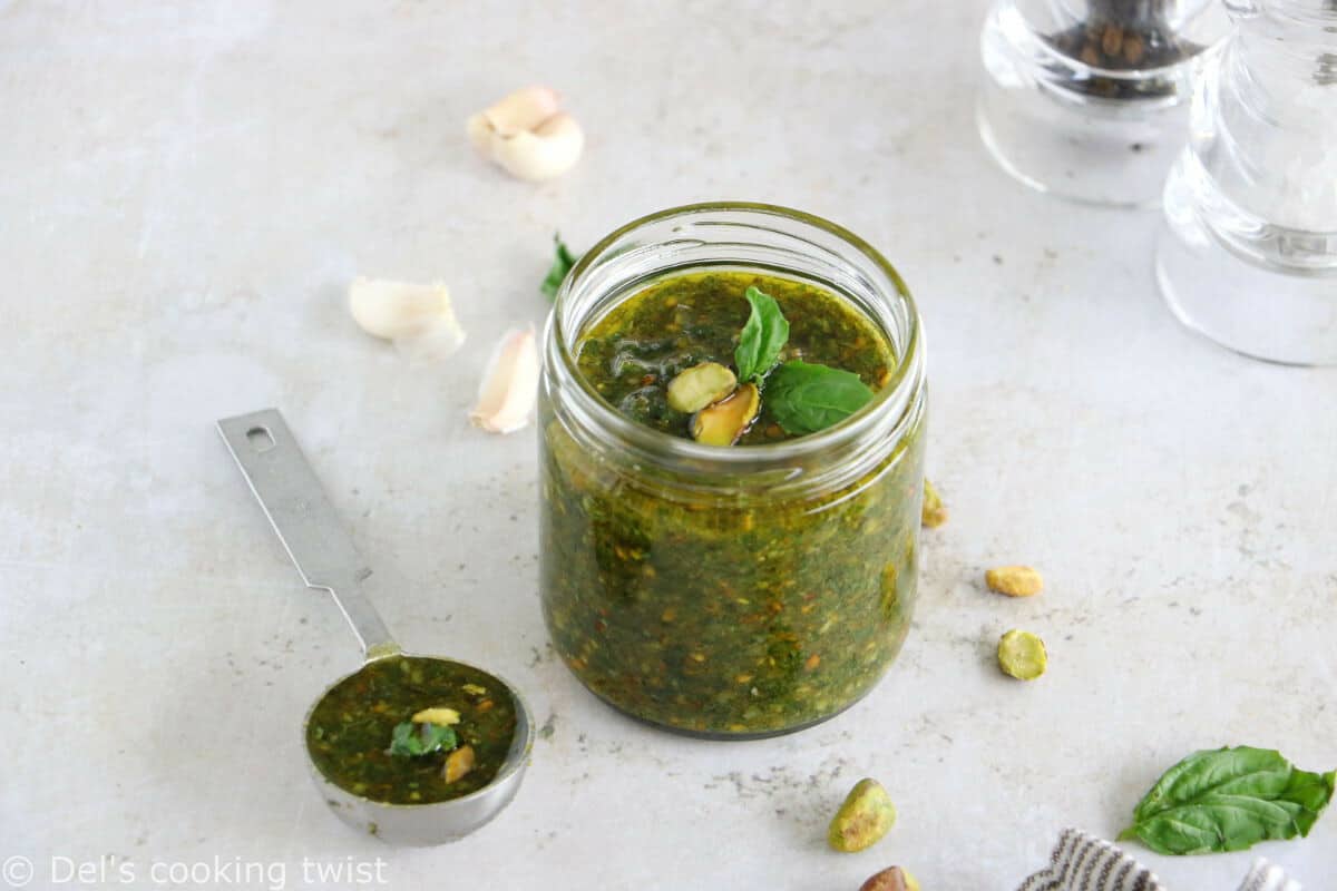 This 5-minute pistachio pesto is a great alternative to your classic basil pesto with pine nuts.