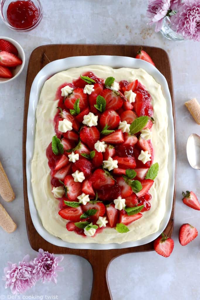 This strawberry tiramisu is made with fresh strawberries, soaked ladyfingers and a creamy mascarpone filling that doesn't contain raw eggs.