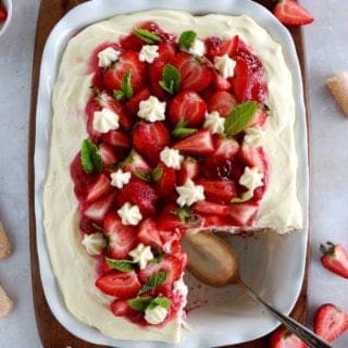 This strawberry tiramisu is made with fresh strawberries, soaked ladyfingers and a creamy mascarpone filling that doesn't contain raw eggs.