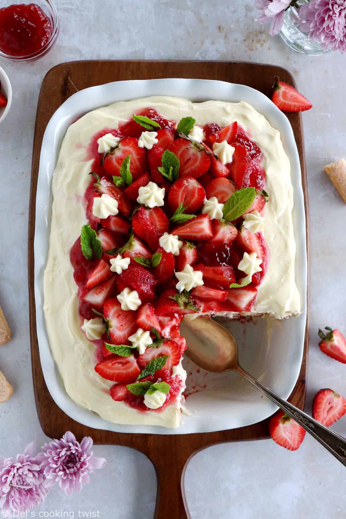 This strawberry tiramisu is made with fresh strawberries, soaked ladyfingers and a creamy mascarpone filling that doesn't contain raw eggs.