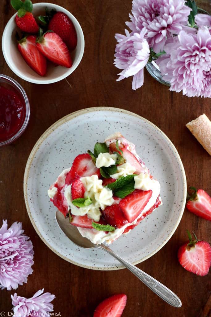 This strawberry tiramisu is made with fresh strawberries, soaked ladyfingers and a creamy mascarpone filling that doesn't contain raw eggs.