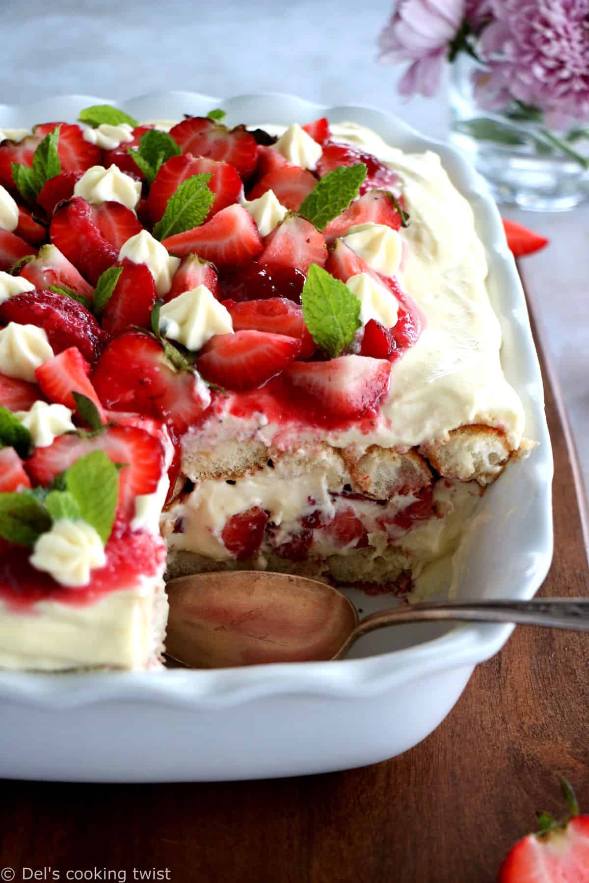 This strawberry tiramisu is made with fresh strawberries, soaked ladyfingers and a creamy mascarpone filling that doesn't contain raw eggs.