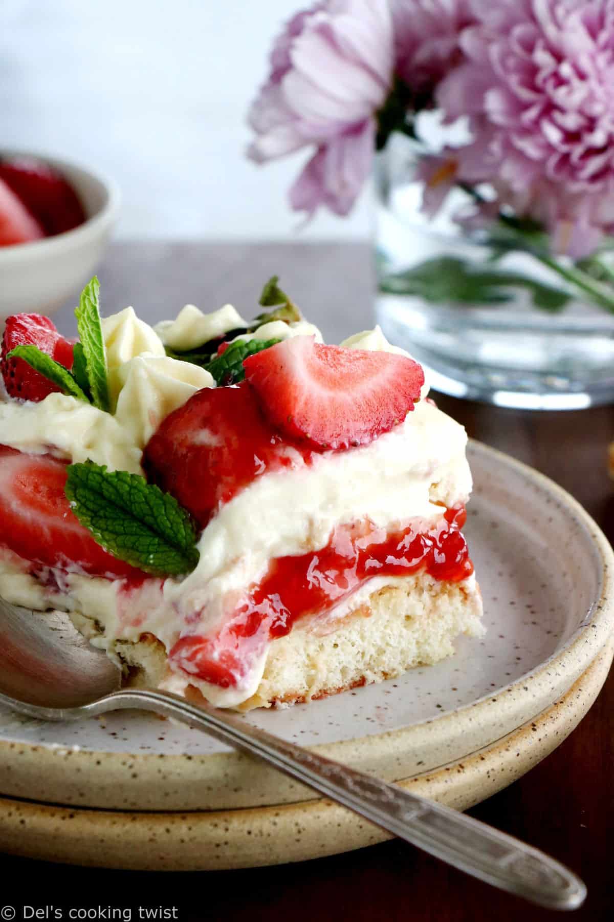 This strawberry tiramisu is made with fresh strawberries, soaked ladyfingers and a creamy mascarpone filling that doesn't contain raw eggs.