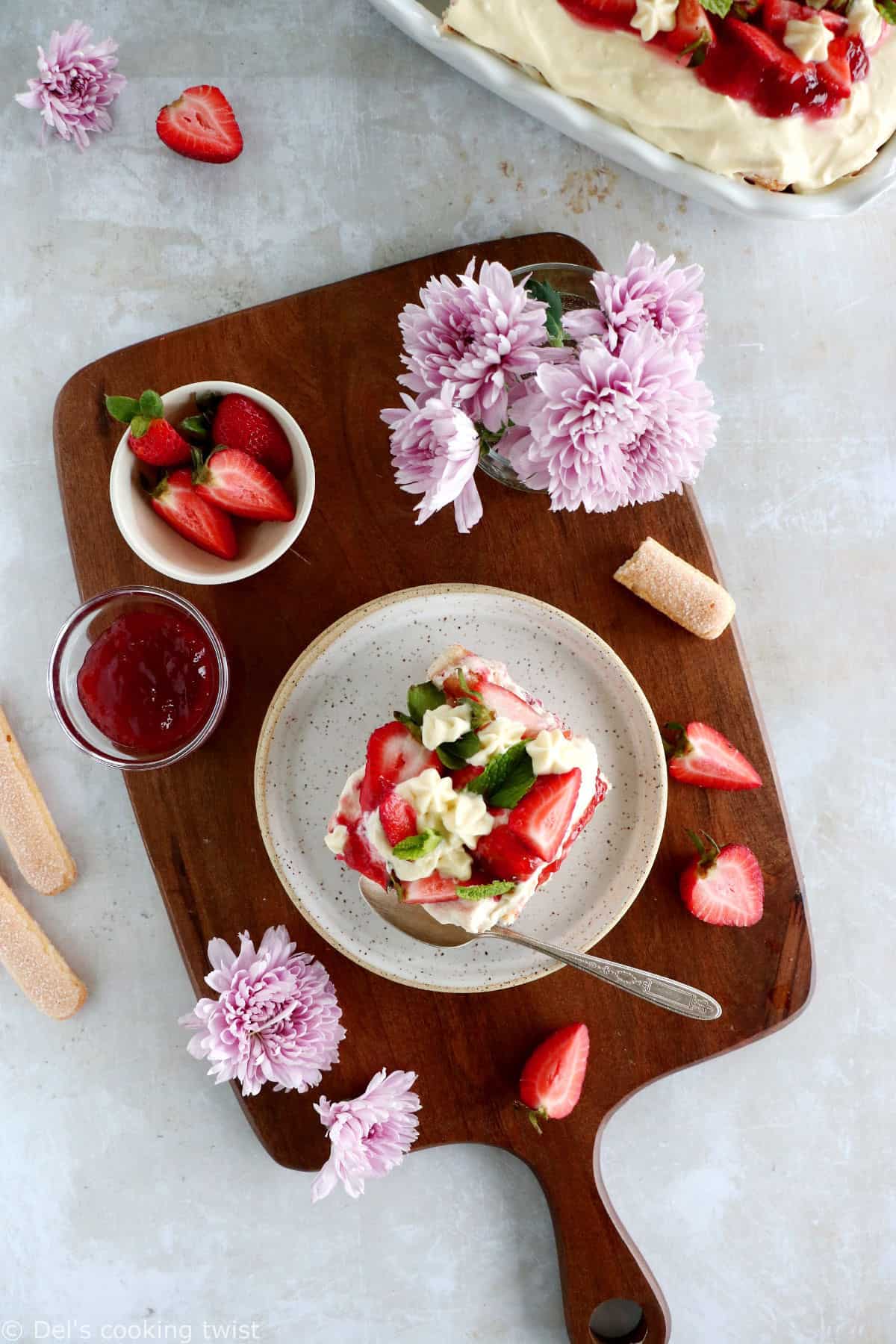 This strawberry tiramisu is made with fresh strawberries, soaked ladyfingers and a creamy mascarpone filling that doesn't contain raw eggs.