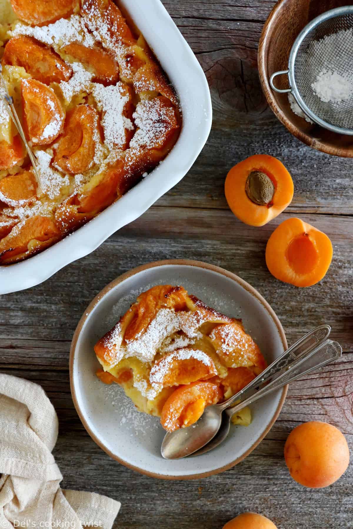 Apricot clafoutis is a timeless French dessert, consisting of a simple creamy custard base filled with fresh apricots.