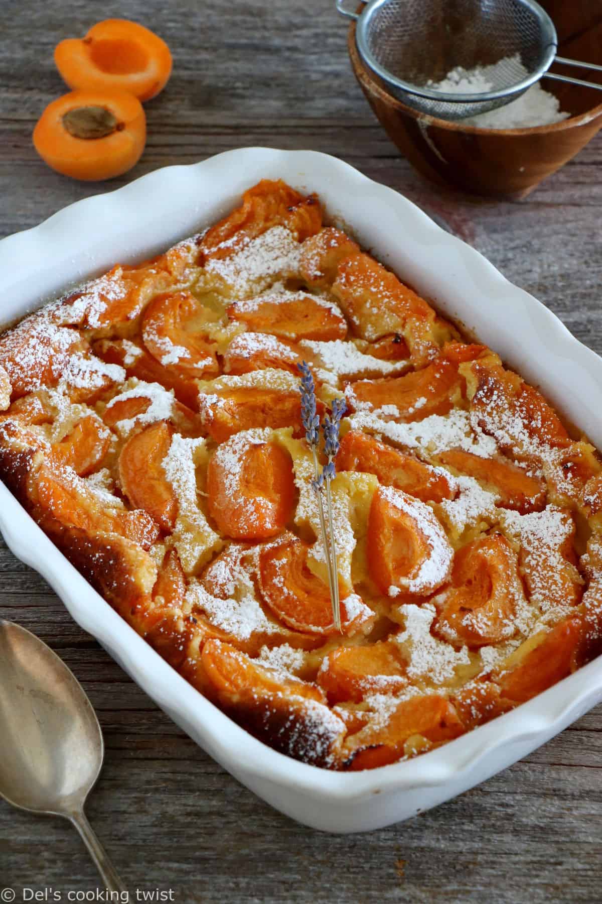 Apricot clafoutis is a timeless French dessert, consisting of a simple creamy custard base filled with fresh apricots.