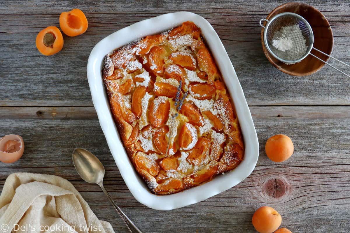 Apricot clafoutis is a timeless French dessert, consisting of a simple creamy custard base filled with fresh apricots.