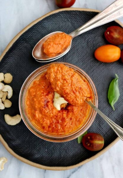 This rich and creamy cashew romesco sauce is nutty, smoky, and adds burst of flavors to any dish.