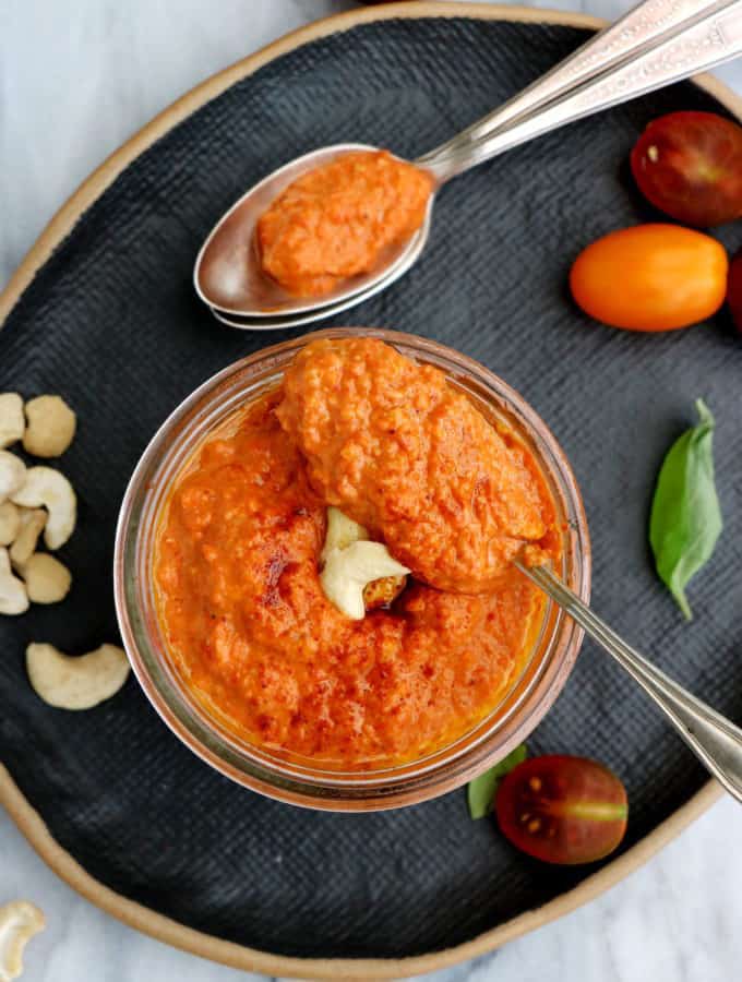 This rich and creamy cashew romesco sauce is nutty, smoky, and adds burst of flavors to any dish.