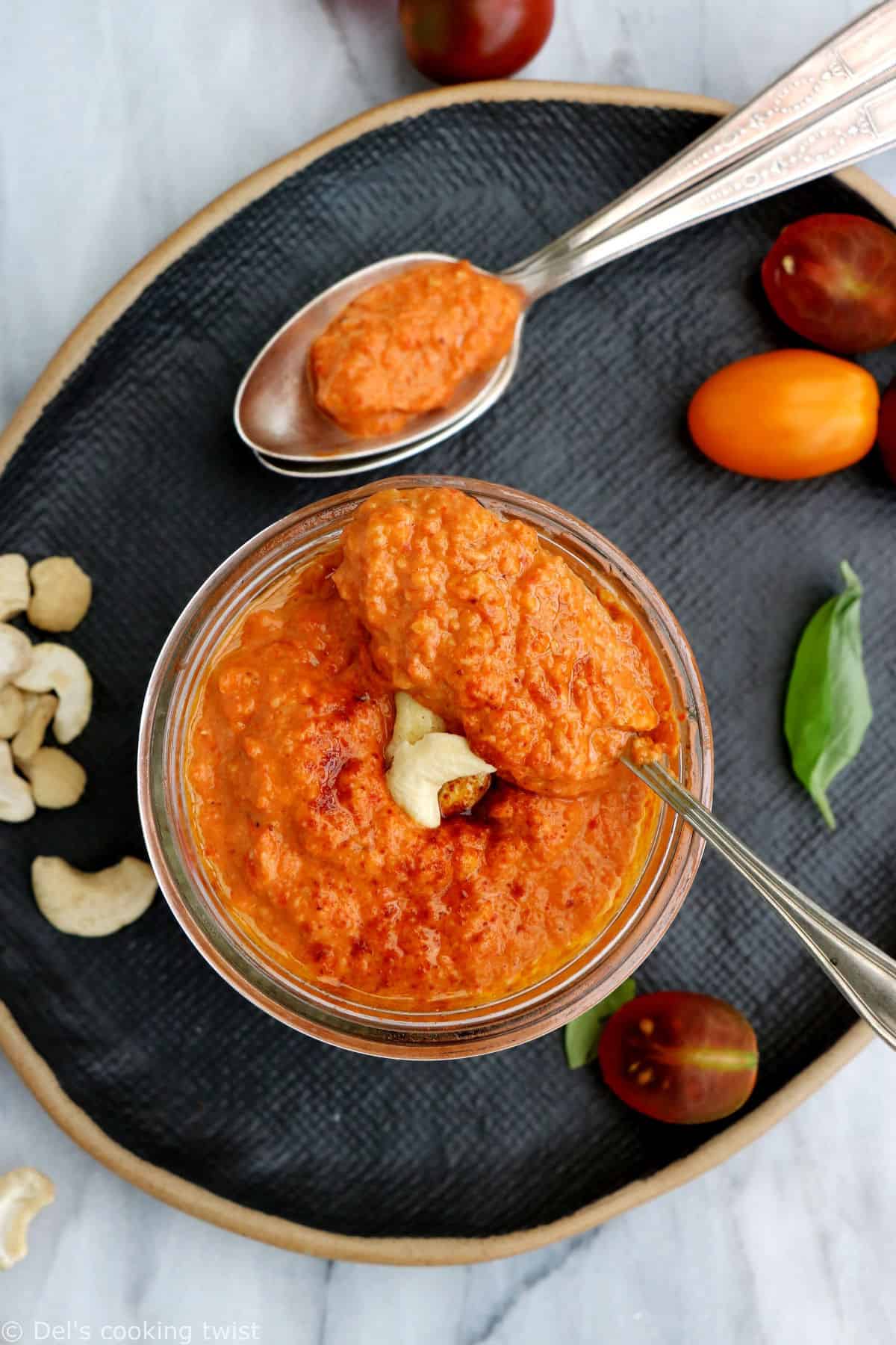 This rich and creamy cashew romesco sauce is nutty, smoky, and adds burst of flavors to any dish.