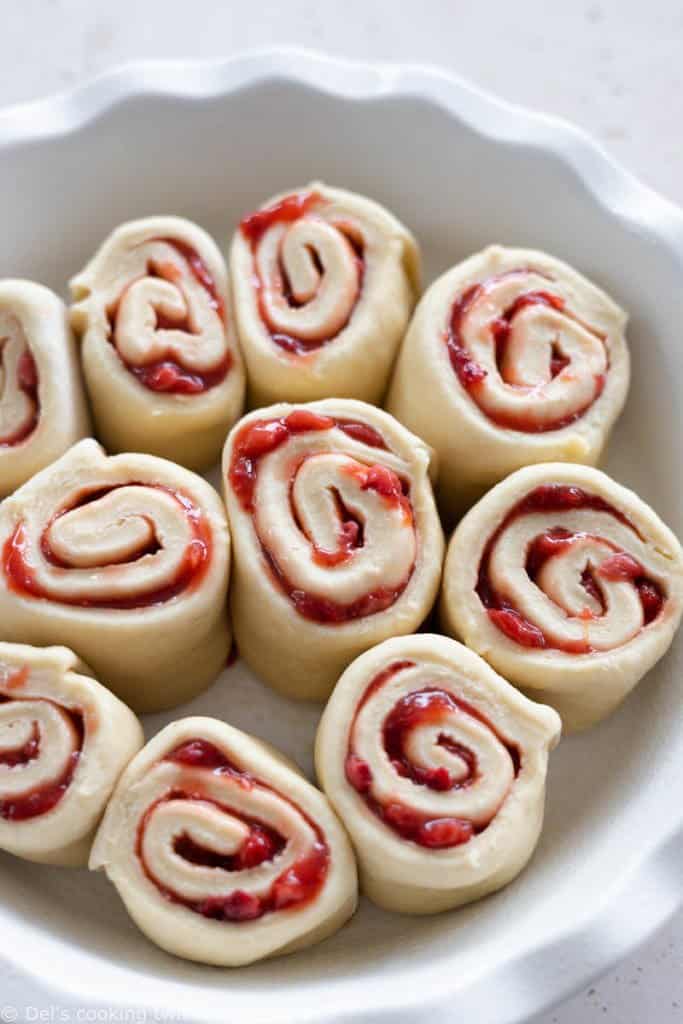 Perfect for weekend breakfast, these sweet strawberry rolls topped with a subtle lemon glaze are soft, pillowy, and beaming with strawberry flavor.