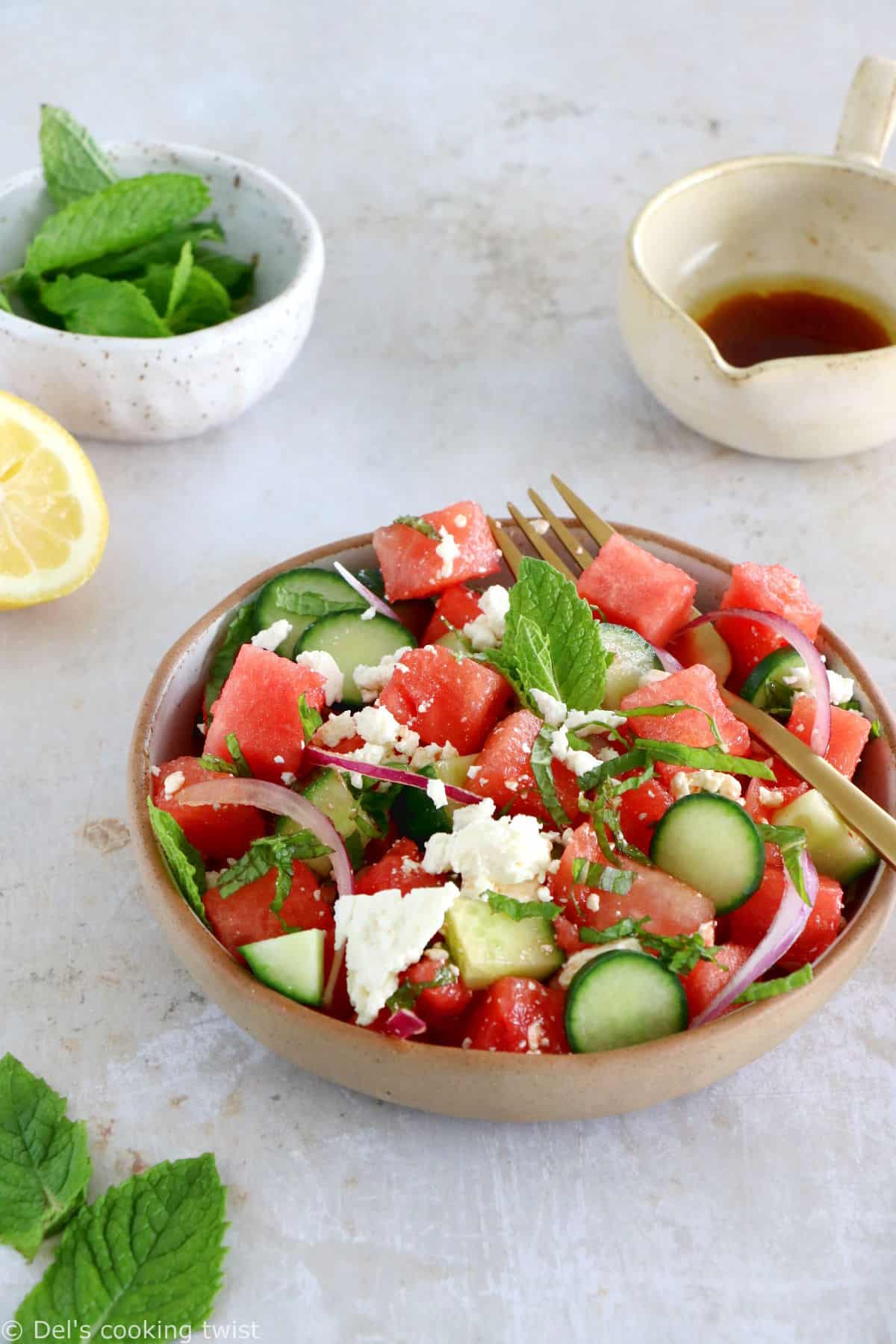 This simple watermelon salad with feta and mint is refreshing, colorful, and ready within minutes. It makes a wonderful addition to any meal in summer.