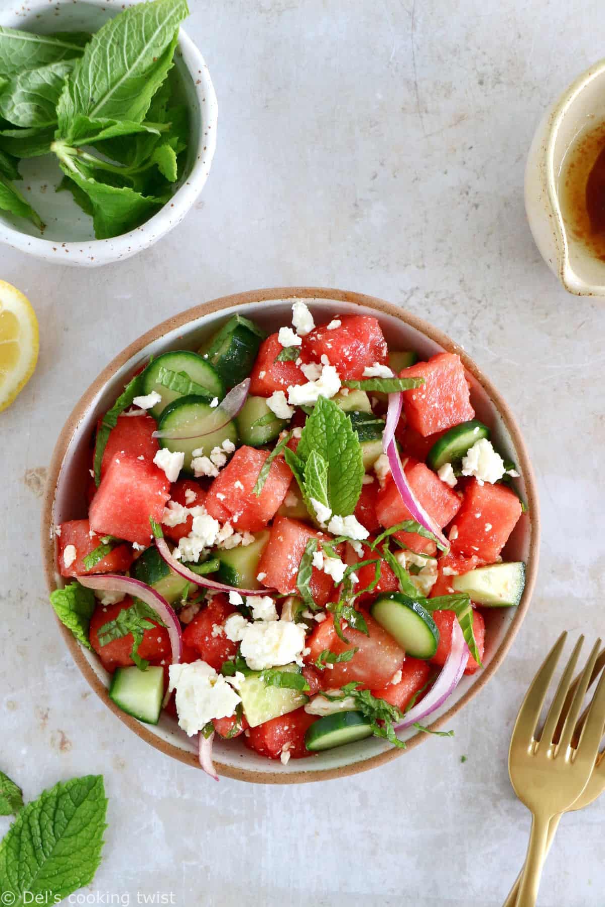 This simple watermelon salad with feta and mint is refreshing, colorful, and ready within minutes. It makes a wonderful addition to any meal in summer.