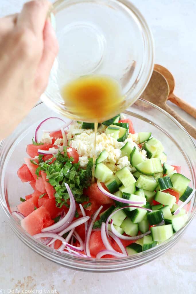 This simple watermelon salad with feta and mint is refreshing, colorful, and ready within minutes. It makes a wonderful addition to any meal in summer.