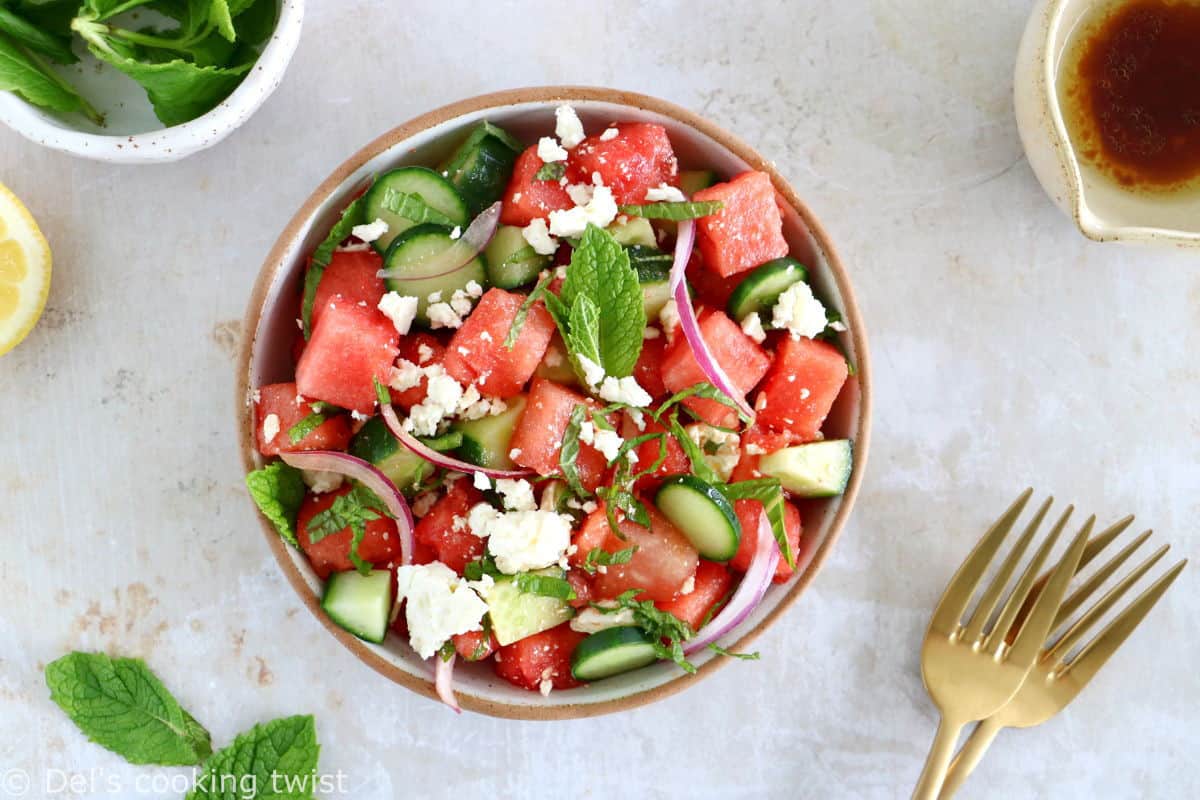 This simple watermelon salad with feta and mint is refreshing, colorful, and ready within minutes. It makes a wonderful addition to any meal in summer.