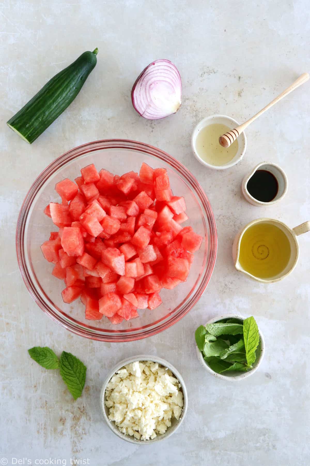 This simple watermelon salad with feta and mint is refreshing, colorful, and ready within minutes. It makes a wonderful addition to any meal in summer.