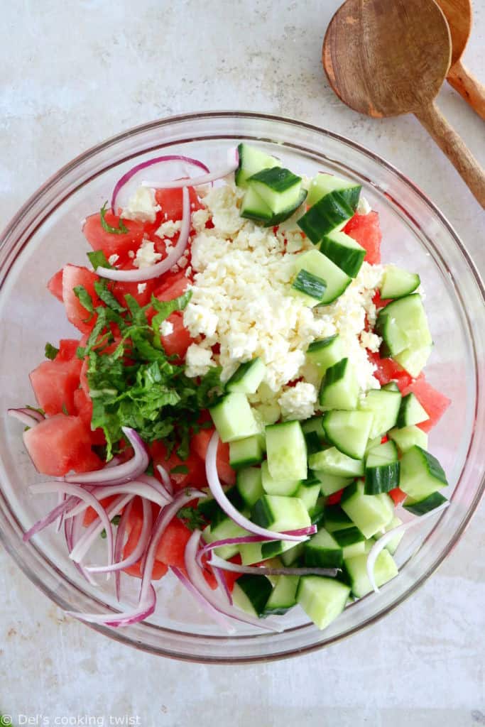 This simple watermelon salad with feta and mint is refreshing, colorful, and ready within minutes. It makes a wonderful addition to any meal in summer.