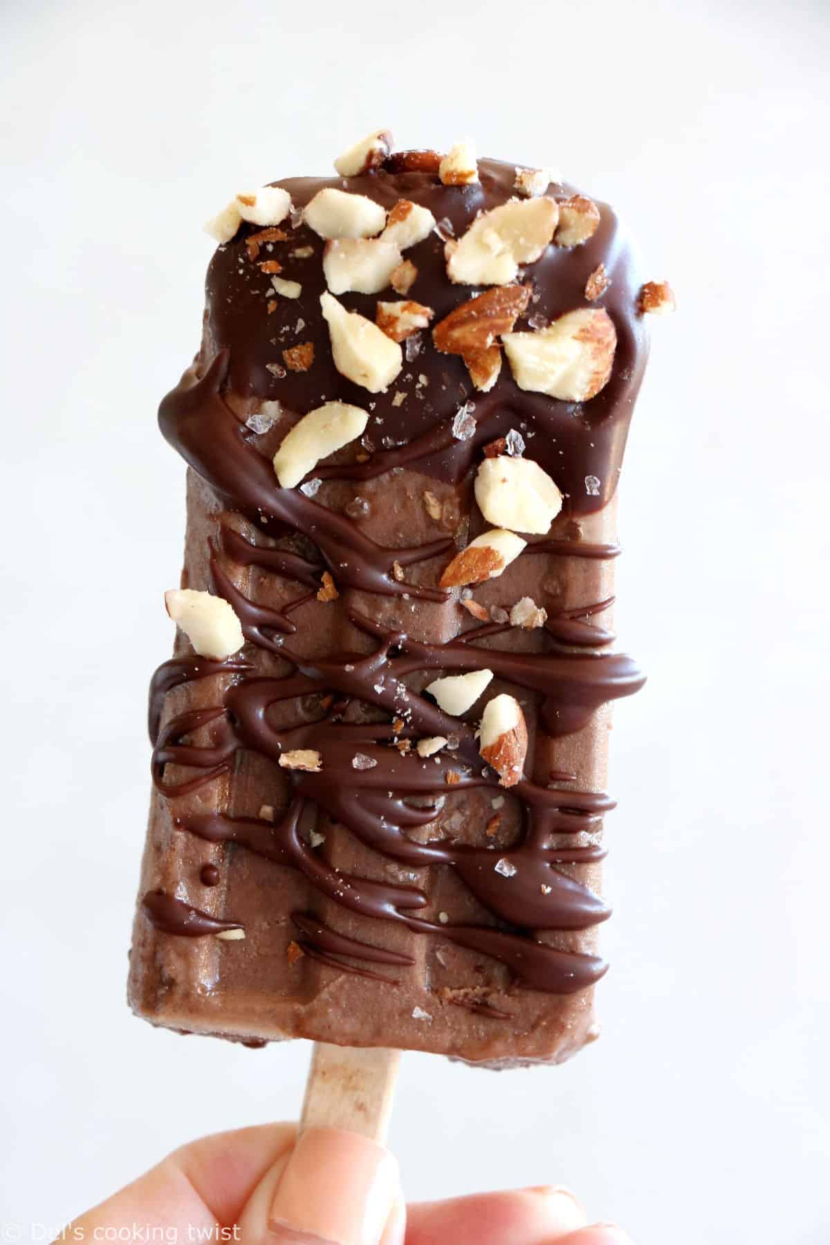 Chocolate almond butter banana popsicles make a decadent summer treat. Both rich and fudgy, they're entirely vegan and prepared with nutritious, natural ingredients. The perfect healthy snack on a stick.