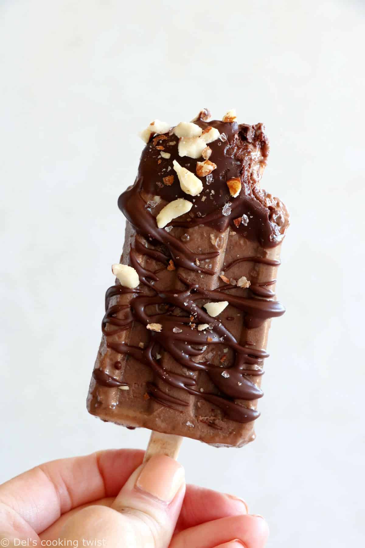 Chocolate almond butter banana popsicles make a decadent summer treat. Both rich and fudgy, they're entirely vegan and prepared with nutritious, natural ingredients. The perfect healthy snack on a stick.